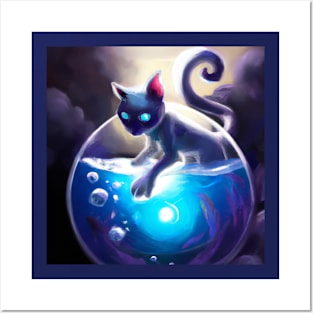 Magical Cat Harnesses the Glowing Power of a Mystical Fish Bowl Posters and Art